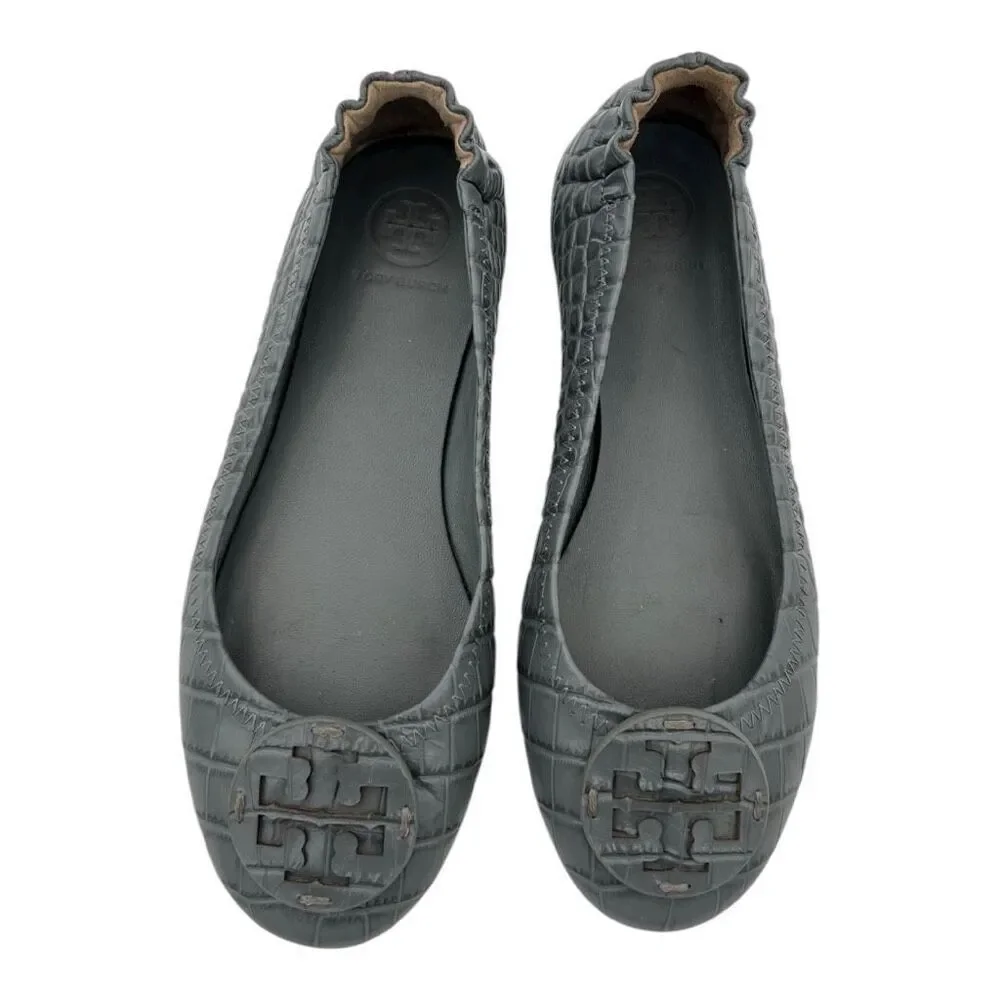 Tory Burch Women's Leather Croc Embossed Minnie Travel Ballet Flats Gray Sz 5.5